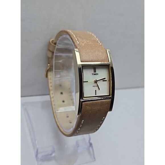 Timex Indiglo Womens Tank Cuff Watch MOP Dial Gold Tone Quartz New Battery Tan